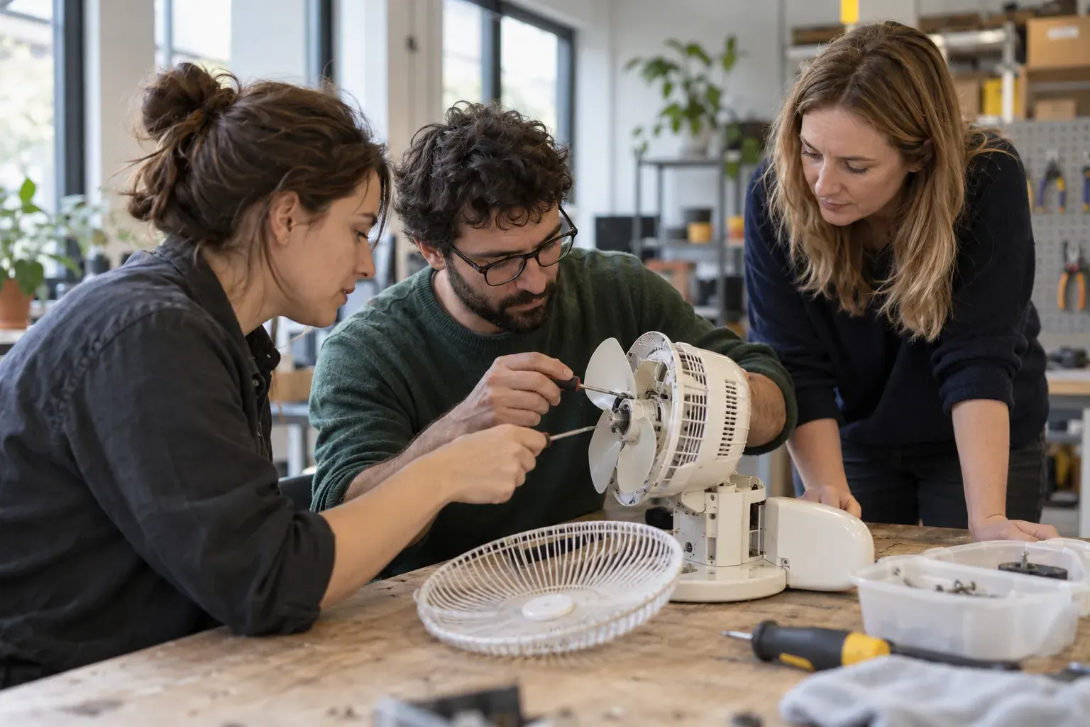 Colleagues working together to repair a desk fan