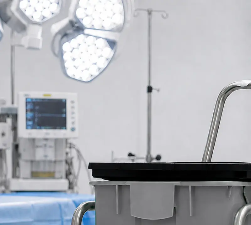 Recycling container on a trolley in an operating room