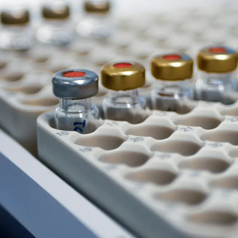 Vials held in a plastic tray